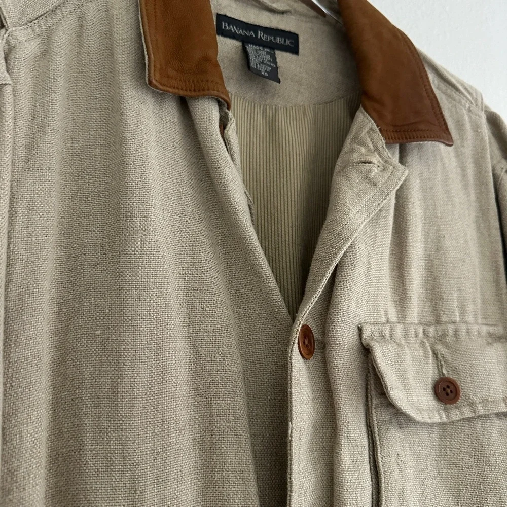 Vtg Banana Republic Safari‎ Jacket Mens XS Beige Linen Leather Collar Field Coat
